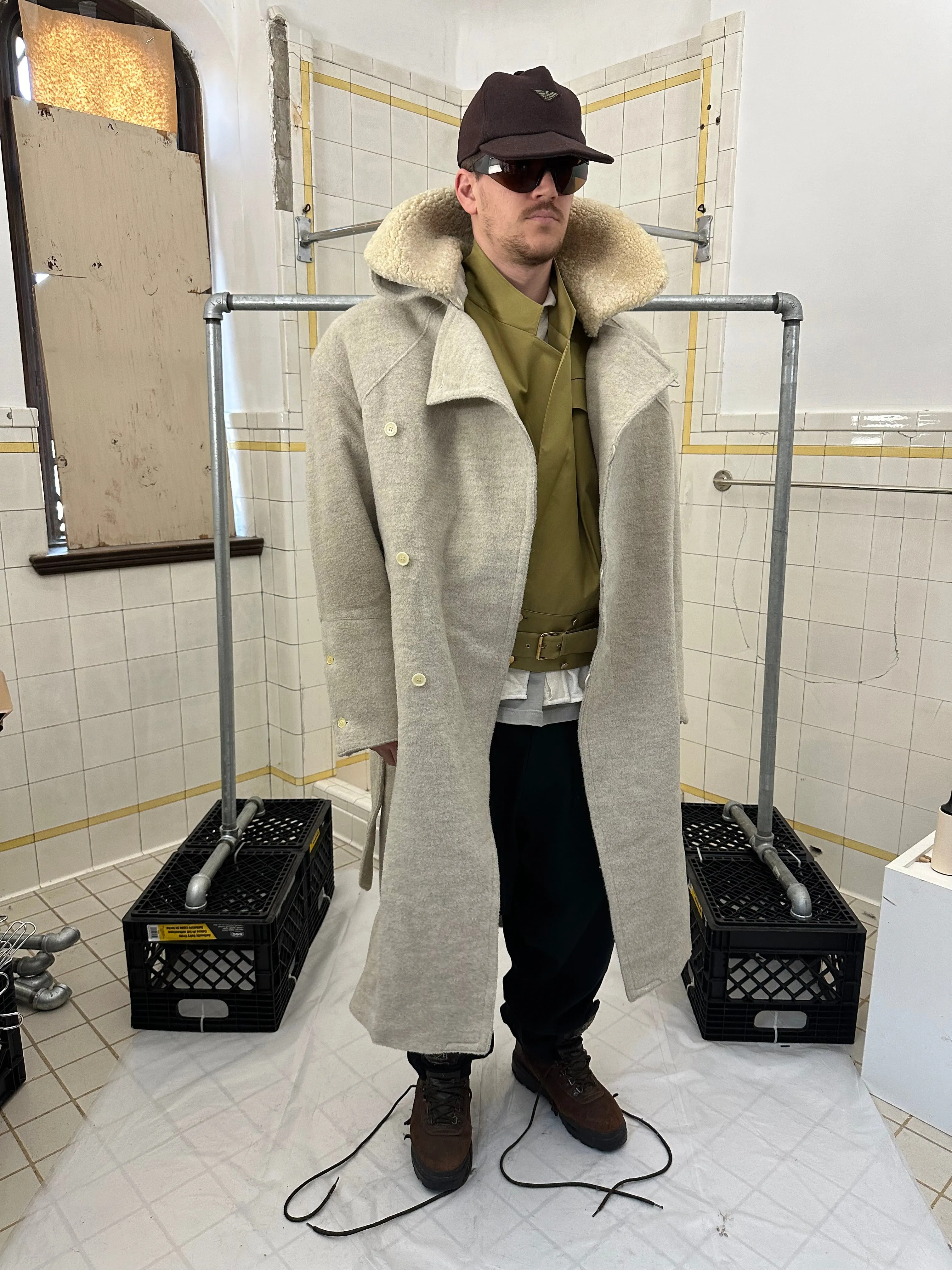 1980s Claude Montana Heavy Wool Trench Coat with Removable Shearling Collar - Size L