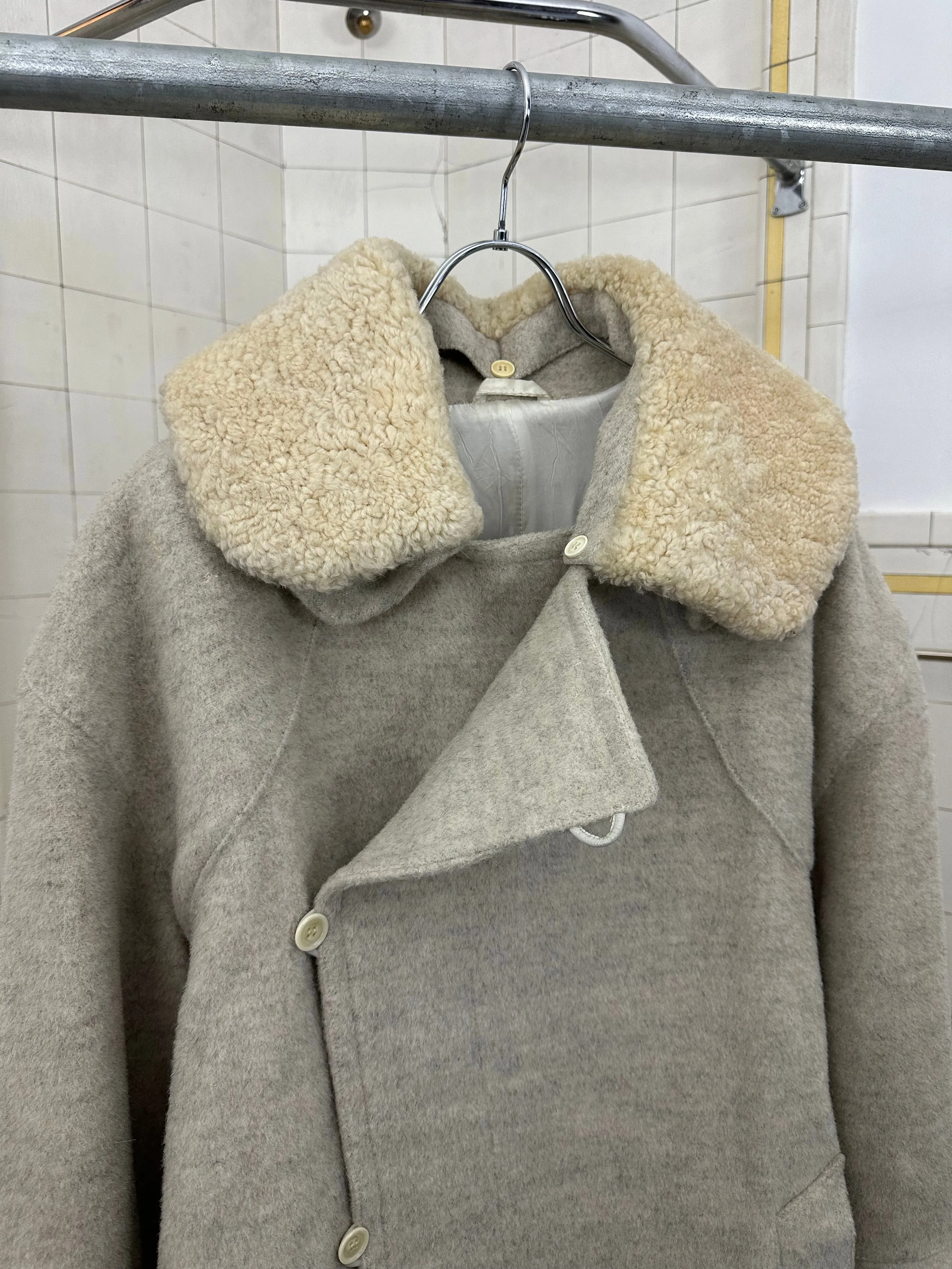 1980s Claude Montana Heavy Wool Trench Coat with Removable Shearling Collar - Size L