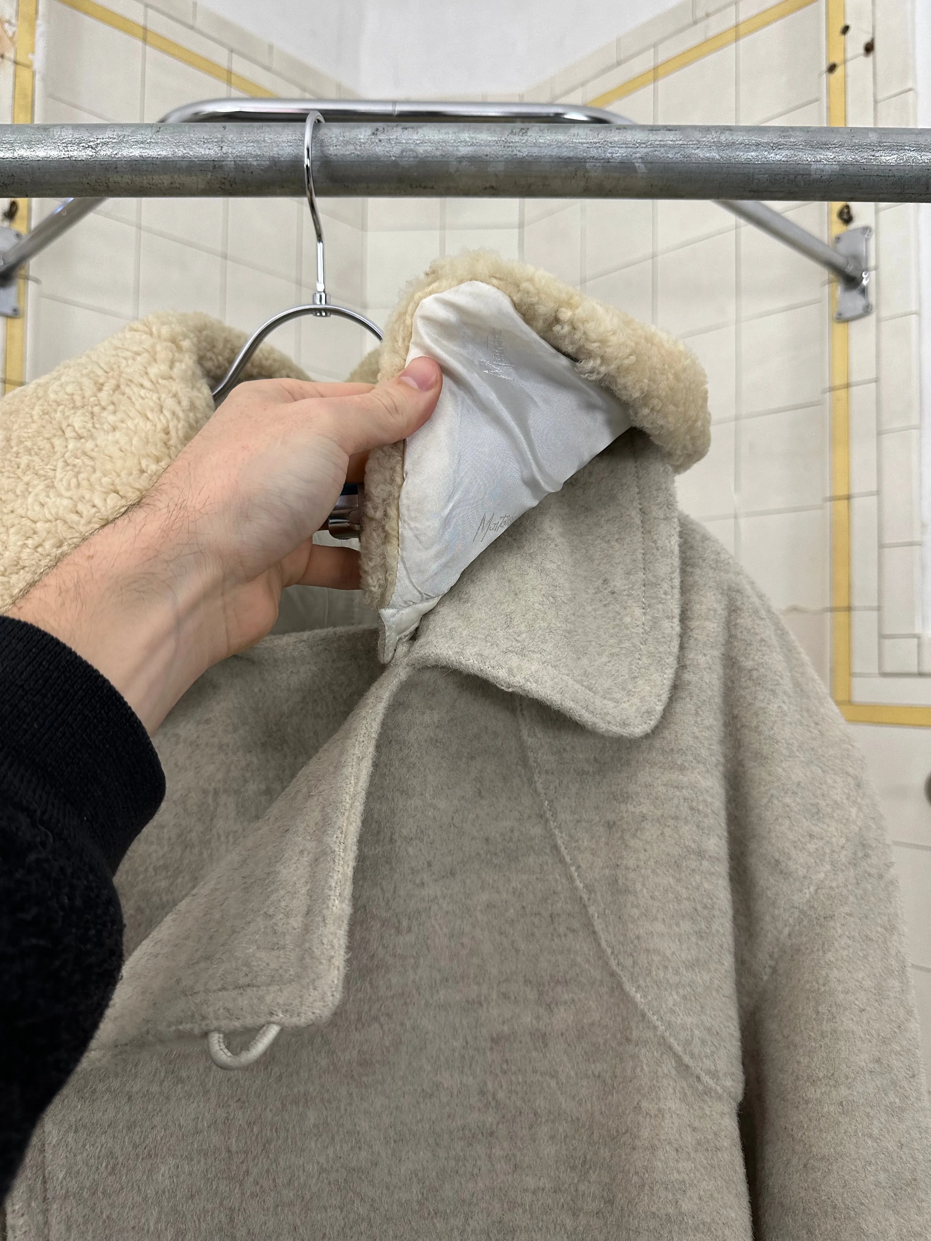1980s Claude Montana Heavy Wool Trench Coat with Removable Shearling Collar - Size L