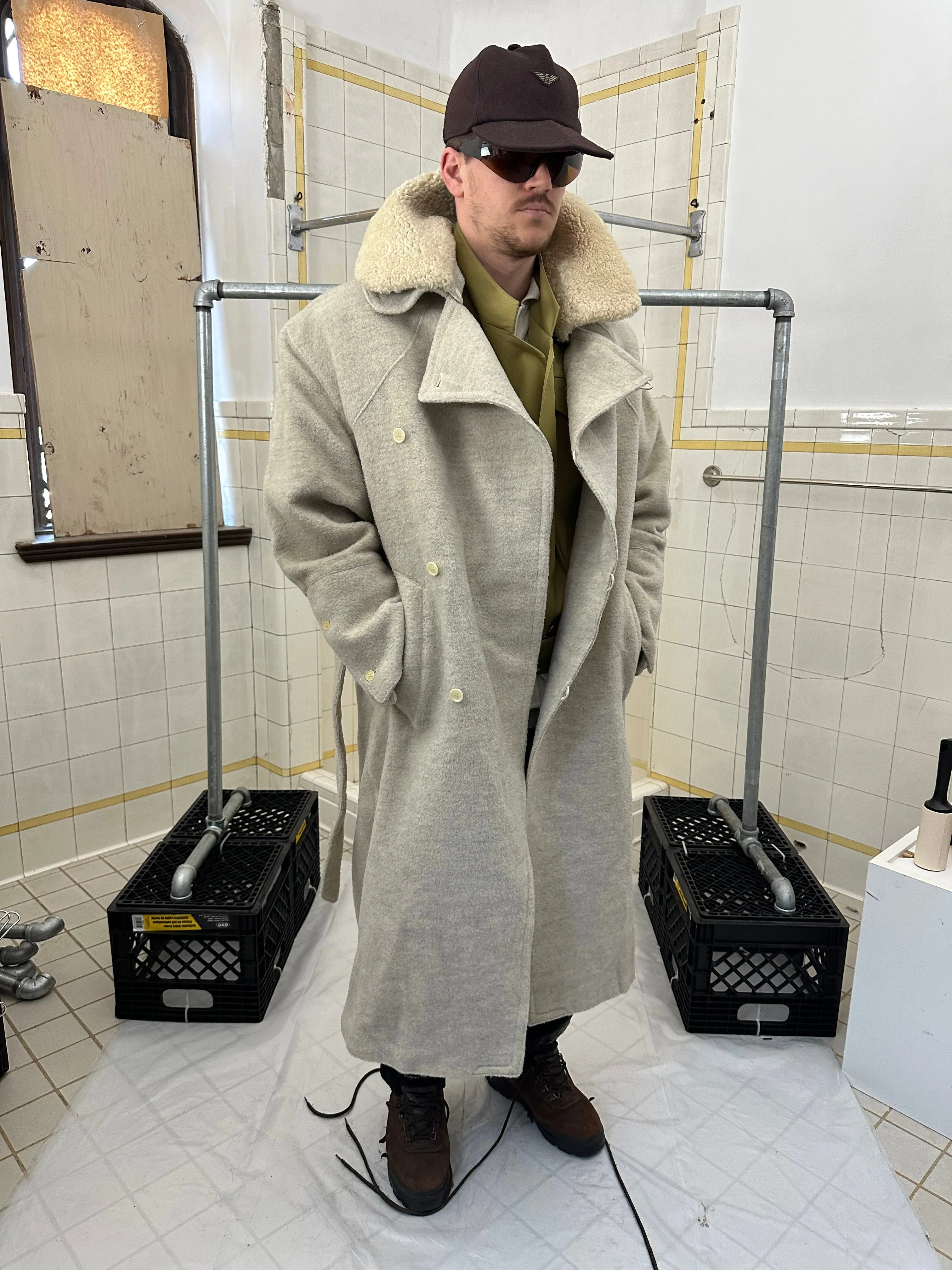 1980s Claude Montana Heavy Wool Trench Coat with Removable Shearling Collar - Size L