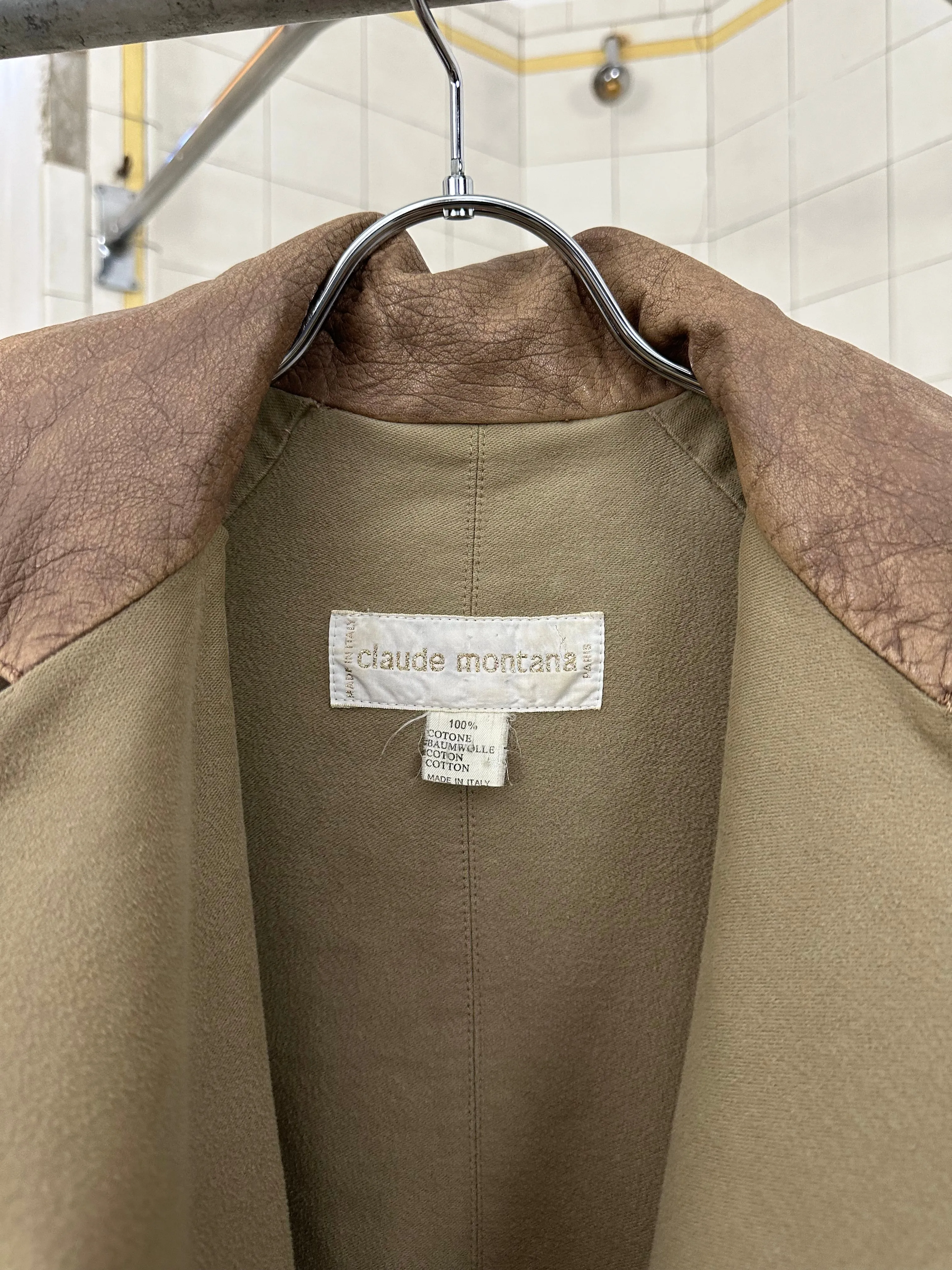 1980s Claude Montana Khaki Trench Coat with Leather Detailing - Size S