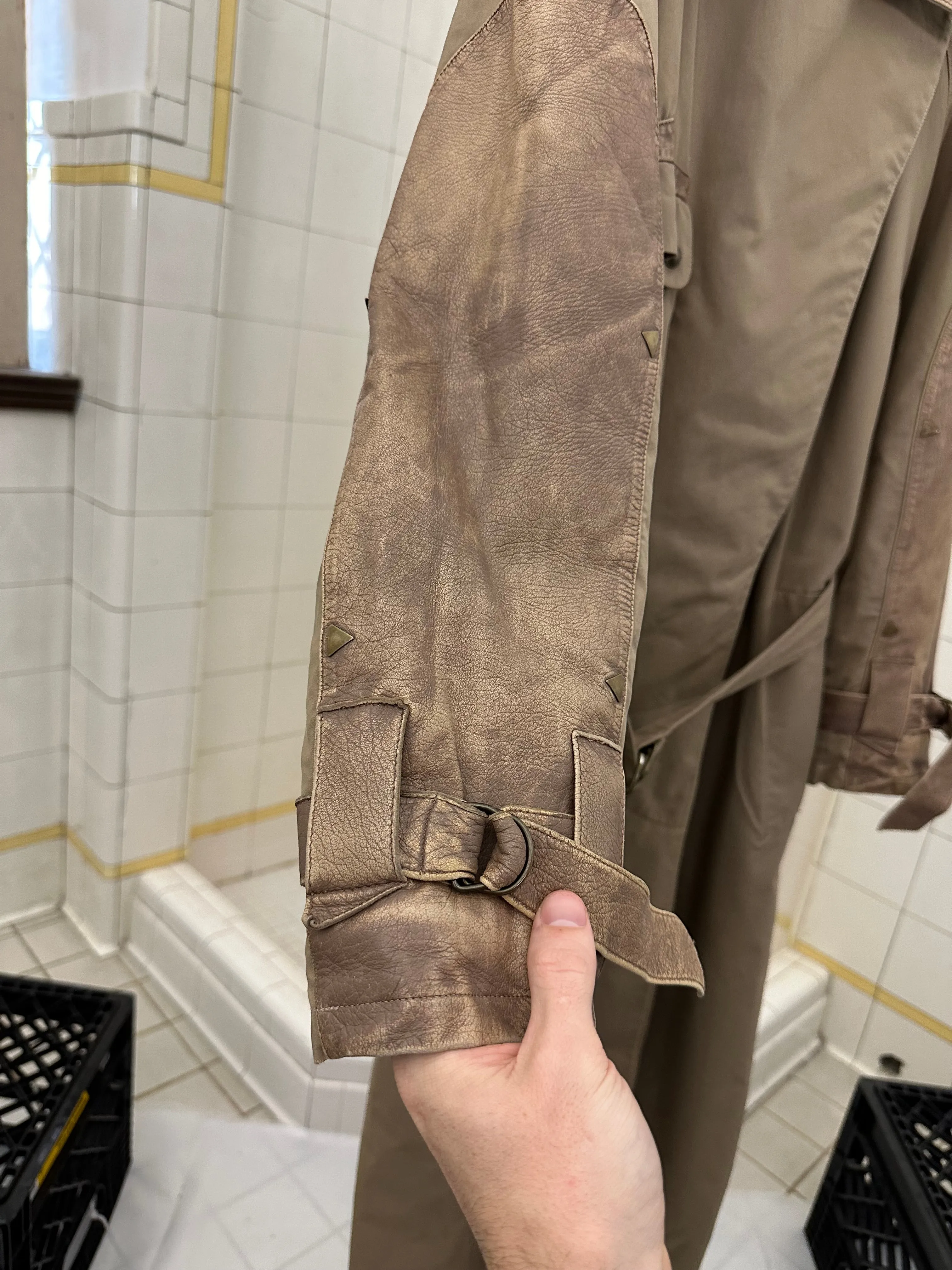 1980s Claude Montana Khaki Trench Coat with Leather Detailing - Size S