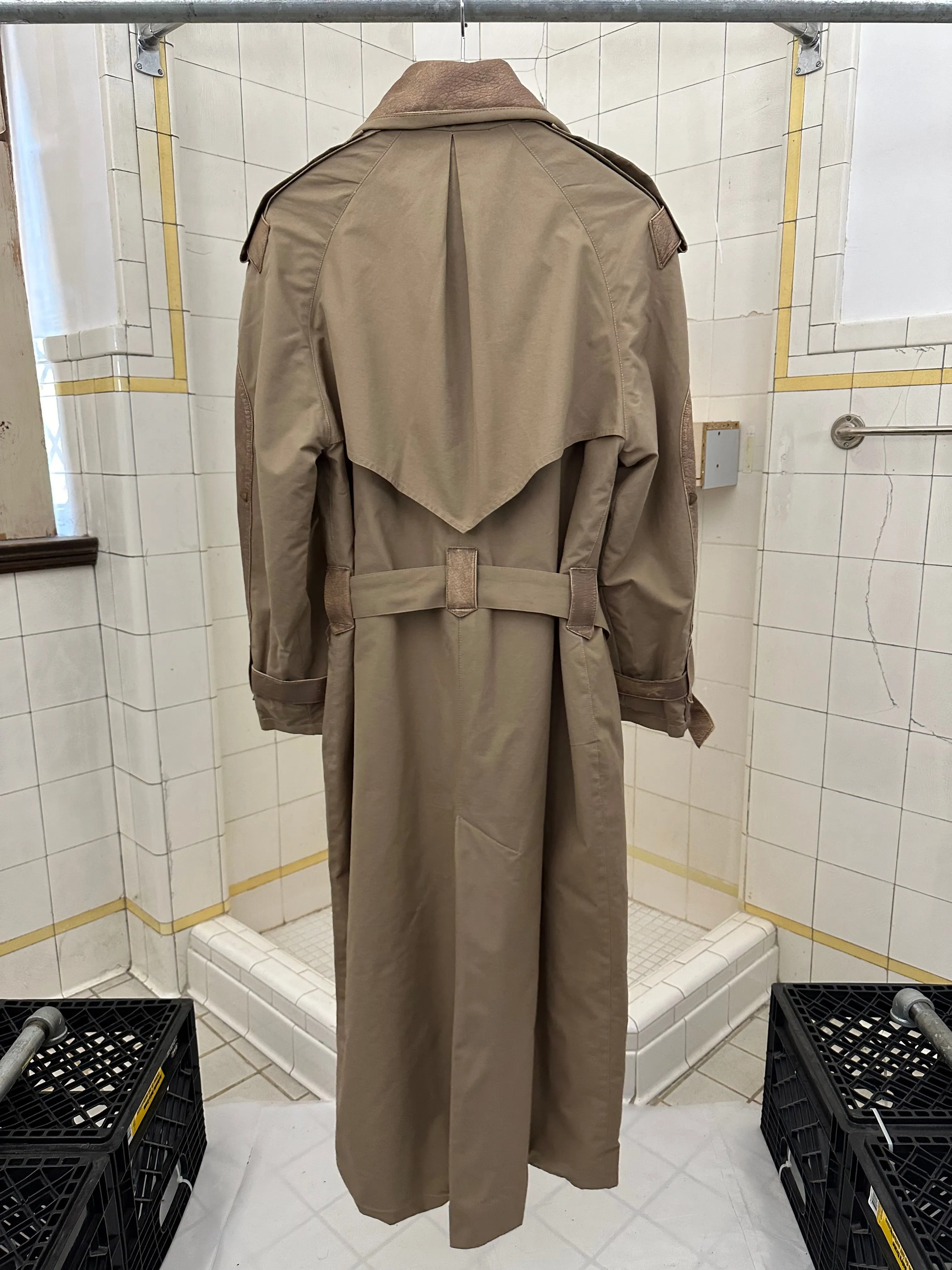 1980s Claude Montana Khaki Trench Coat with Leather Detailing - Size S