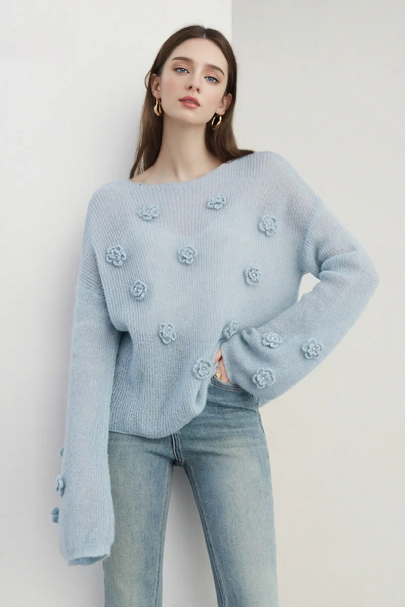 Alpaca-Wool Blend Soft Knit Floral Appliqué Boatneck Sweater