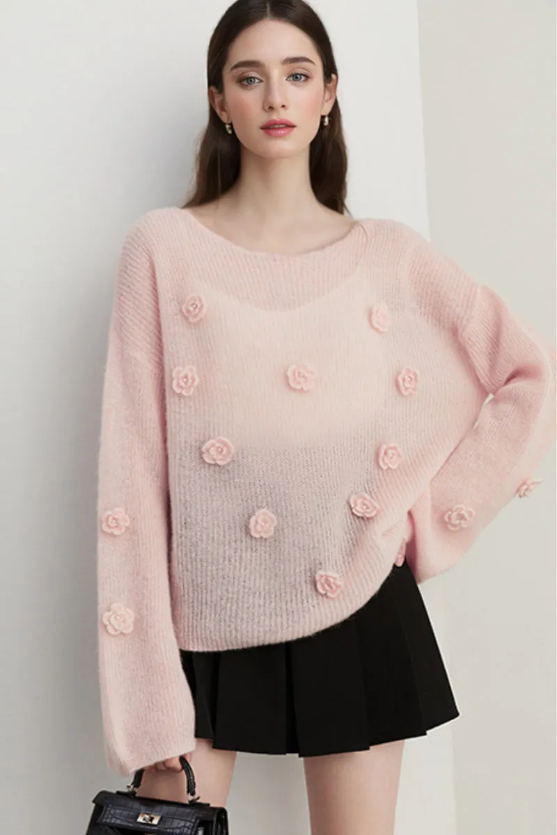 Alpaca-Wool Blend Soft Knit Floral Appliqué Boatneck Sweater
