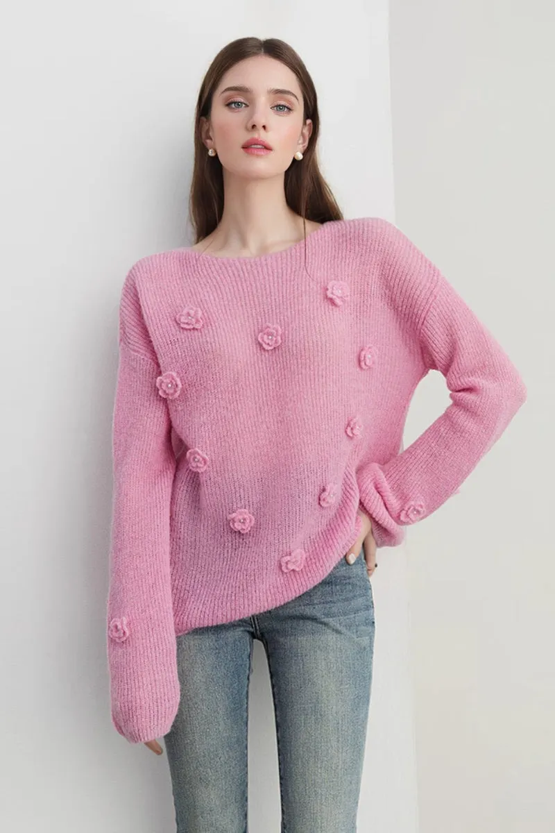 Alpaca-Wool Blend Soft Knit Floral Appliqué Boatneck Sweater
