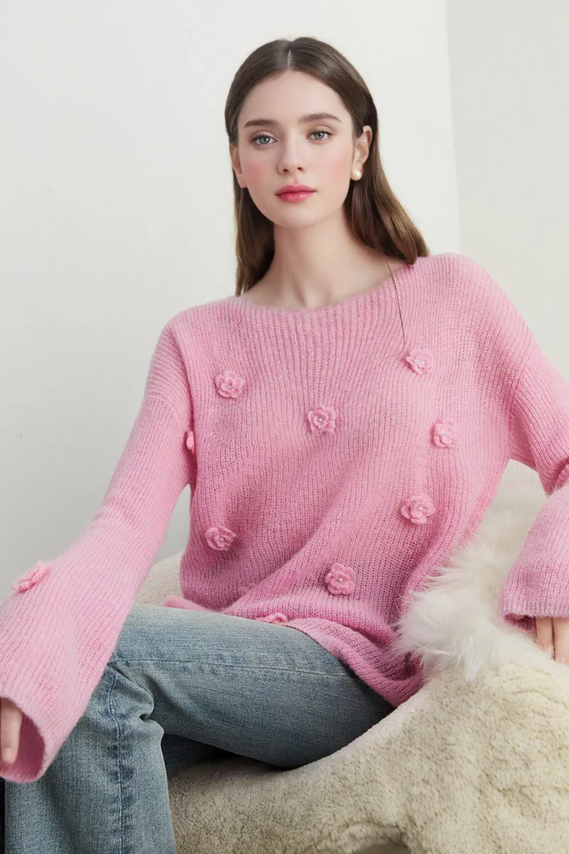 Alpaca-Wool Blend Soft Knit Floral Appliqué Boatneck Sweater