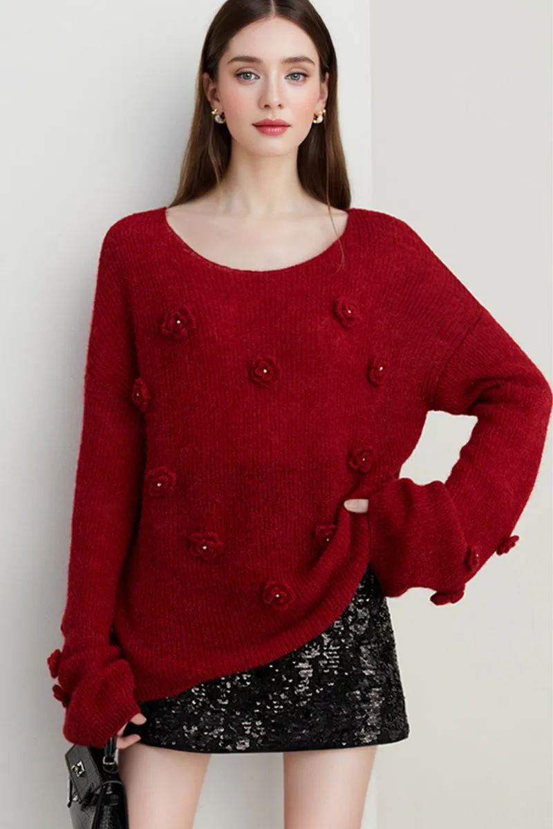 Alpaca-Wool Blend Soft Knit Floral Appliqué Boatneck Sweater