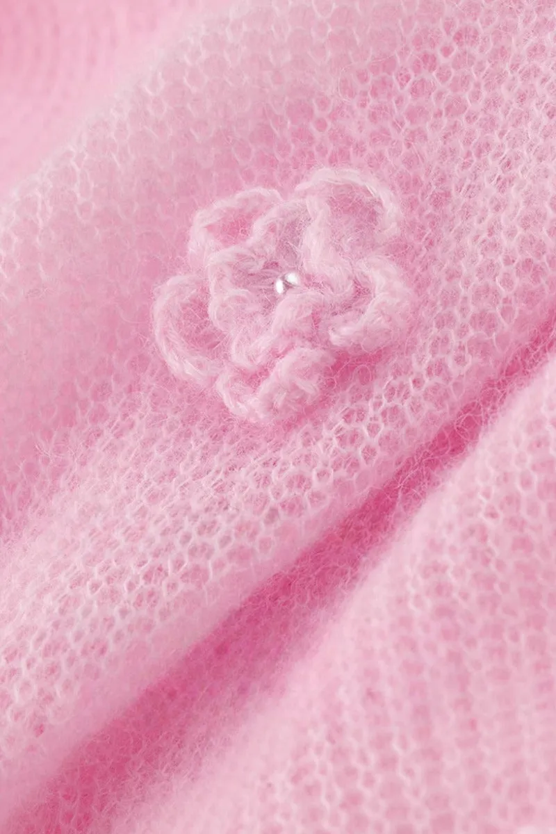 Alpaca-Wool Blend Soft Knit Floral Appliqué Boatneck Sweater