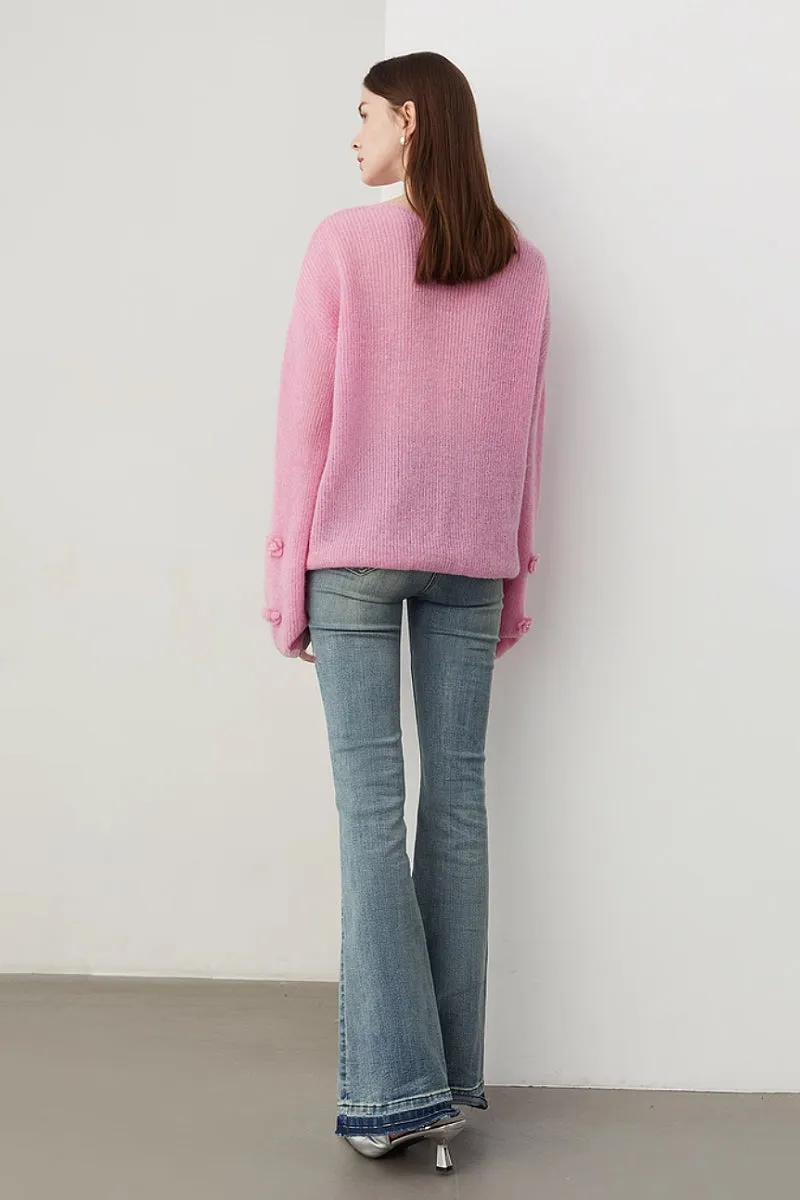 Alpaca-Wool Blend Soft Knit Floral Appliqué Boatneck Sweater