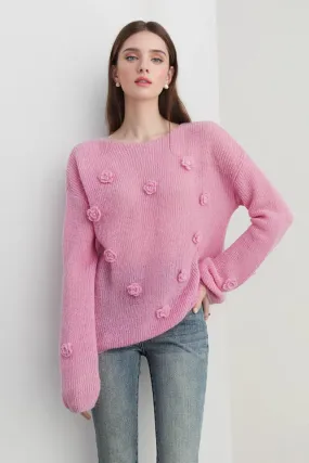Alpaca-Wool Blend Soft Knit Floral Appliqué Boatneck Sweater