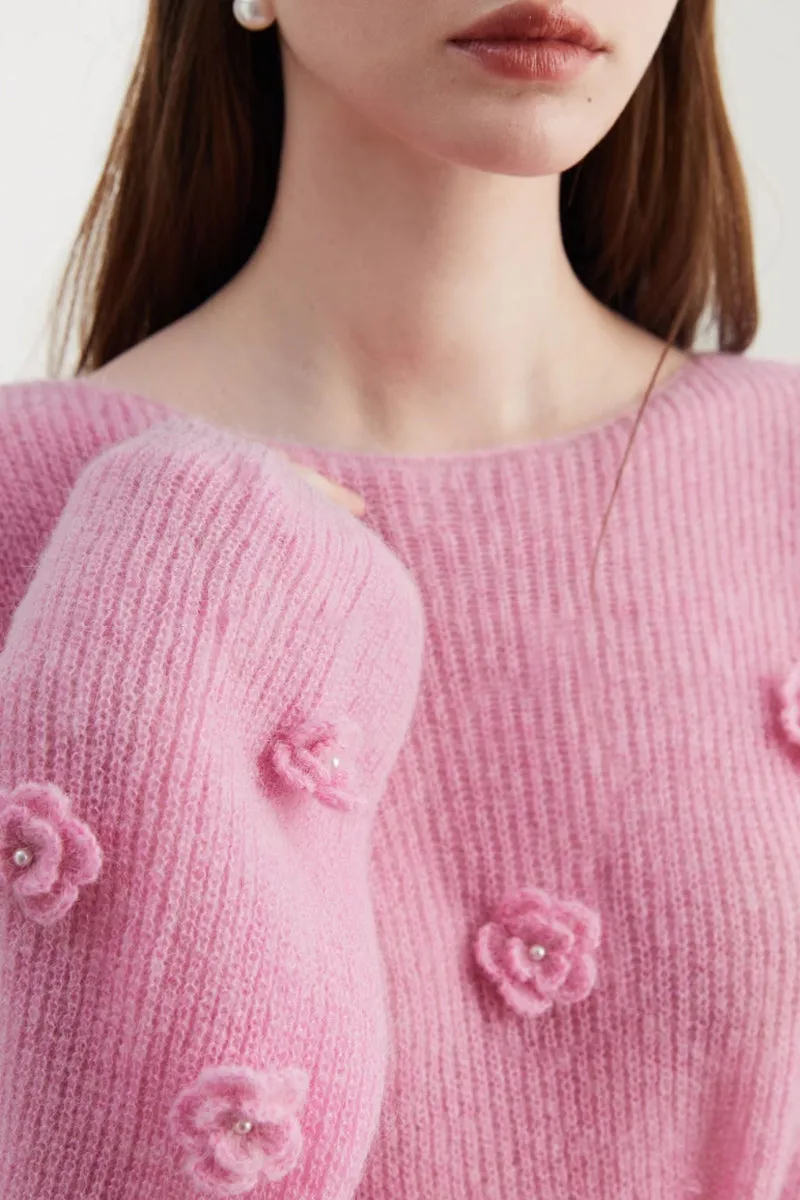 Alpaca-Wool Blend Soft Knit Floral Appliqué Boatneck Sweater