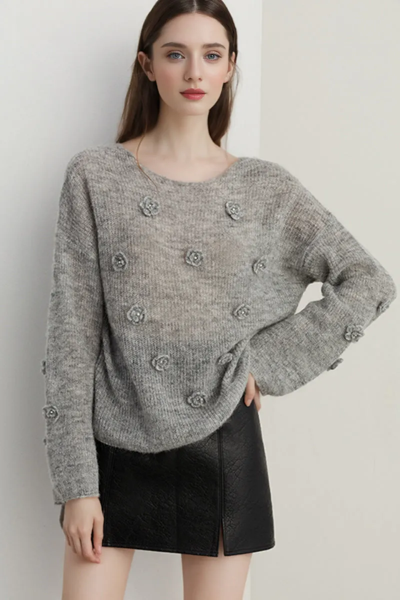Alpaca-Wool Blend Soft Knit Floral Appliqué Boatneck Sweater