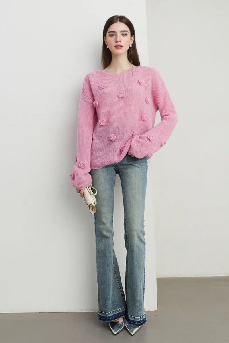 Alpaca-Wool Blend Soft Knit Floral Appliqué Boatneck Sweater