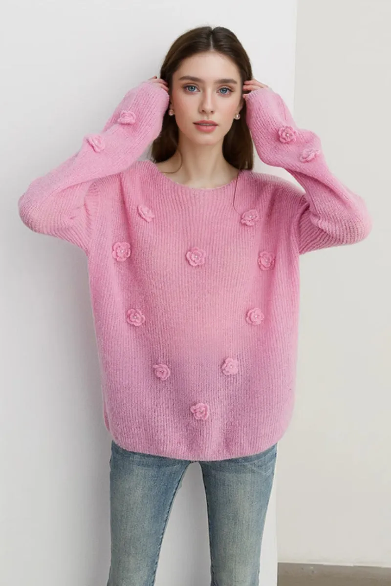 Alpaca-Wool Blend Soft Knit Floral Appliqué Boatneck Sweater
