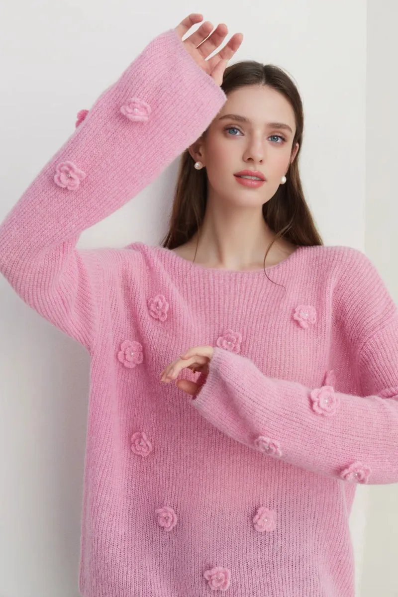 Alpaca-Wool Blend Soft Knit Floral Appliqué Boatneck Sweater