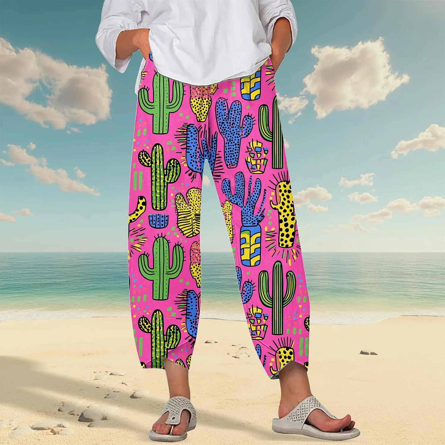 Beach Pants for Women Oversized Casual Wide Leg 2025 Summer Soft Elastic Waist Vacation Breathable Capri Pants