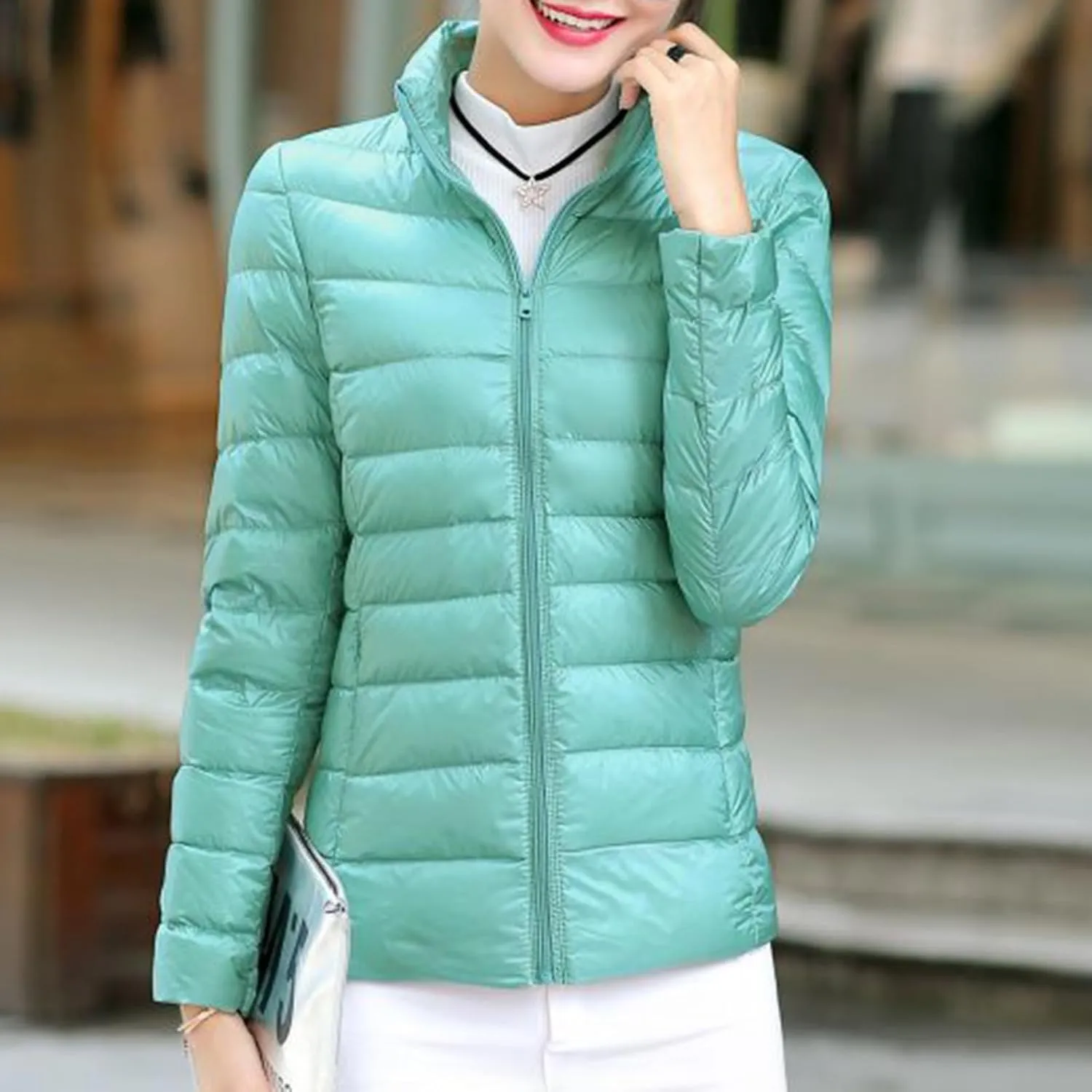 BOXIACEY Women's Puffer Jacket - Packable, Lightweight Down Jacket with Stand Collar, Quilted, Pockets
