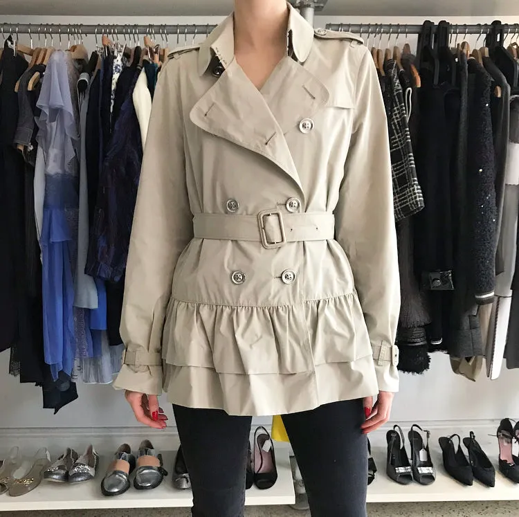 Burberry London Beige Short Ruffle Belted Trench Coat Jacket - 8