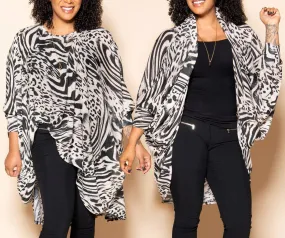 Cardi Top Worn Two Ways Black and White Animal Print, High Low Shape