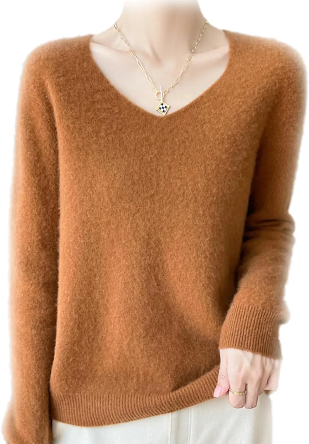 Cashmere Sweaters for Women, 100% Cashmere V Neck Long Sleeve Soft Pullover Sweater Soft Warm Cozy Lightweight Wool Knit Sweater,M,Caramel