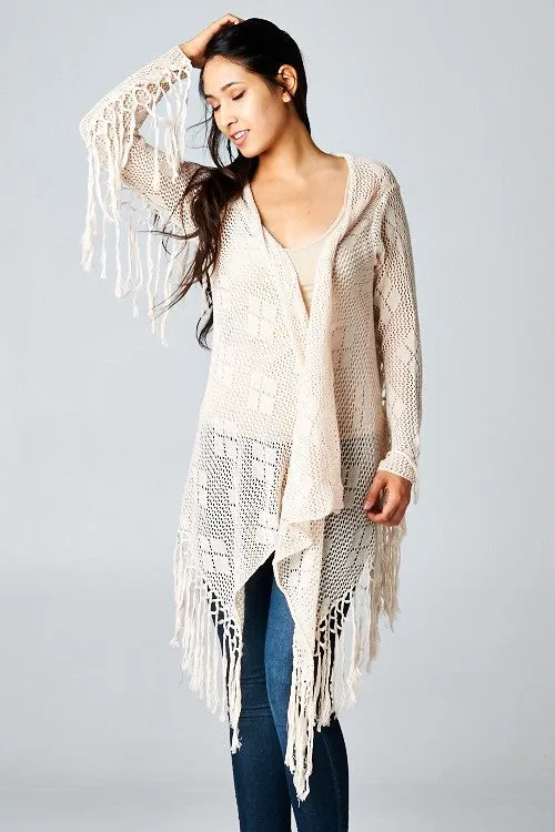 Crochet Knit Fringe Hem Cardigan