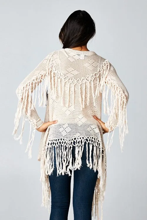 Crochet Knit Fringe Hem Cardigan