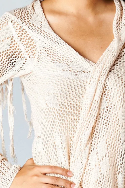 Crochet Knit Fringe Hem Cardigan