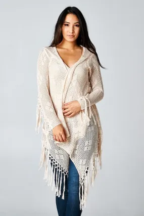 Crochet Knit Fringe Hem Cardigan