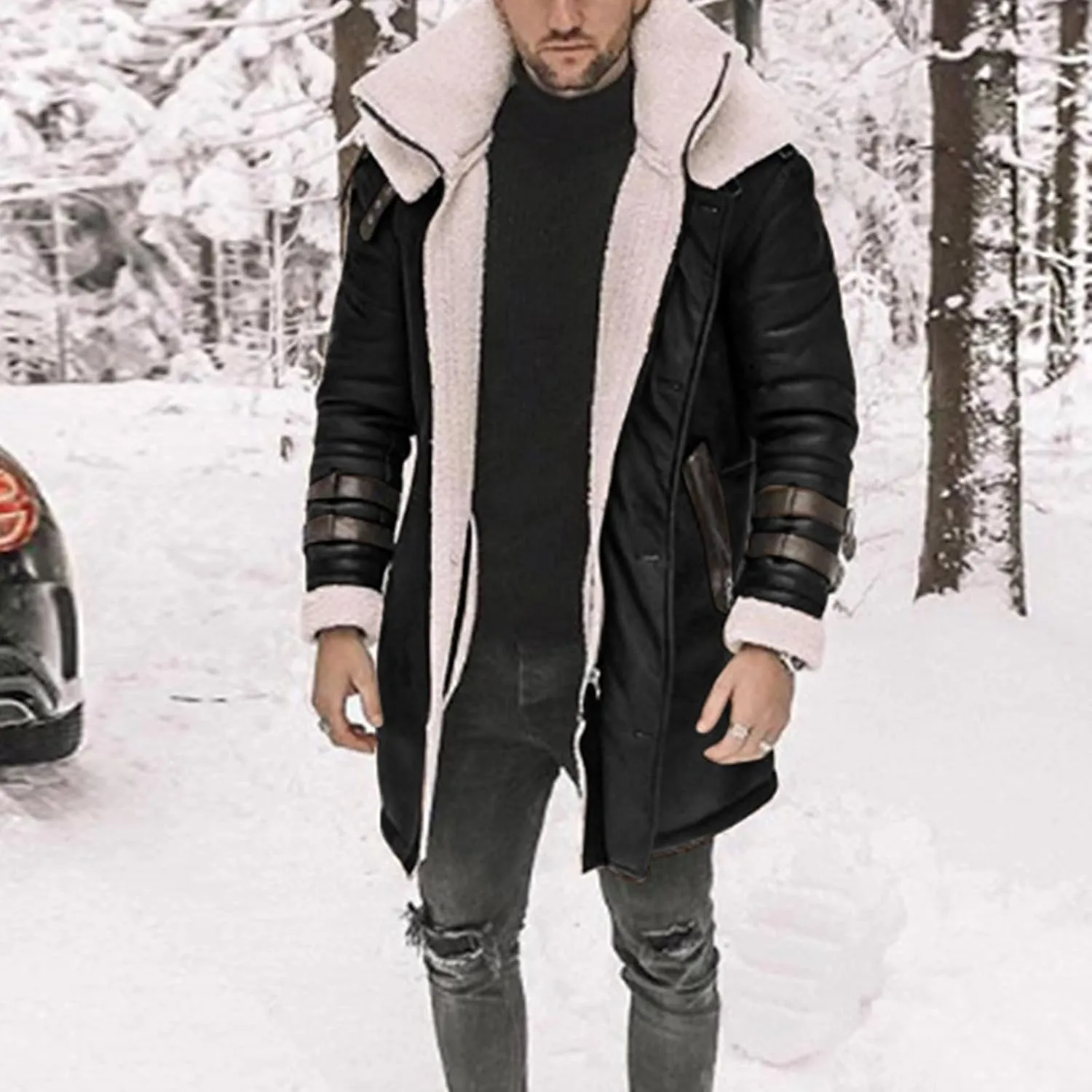 evzosrz Men's Faux Suede Long Coats Fleece Sherpa Lined Warm Trench Coat Jacket Heavyweight Faux Leather Thermal Coats, M-5XL