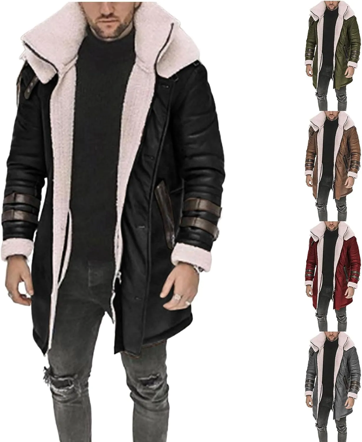 evzosrz Men's Faux Suede Long Coats Fleece Sherpa Lined Warm Trench Coat Jacket Heavyweight Faux Leather Thermal Coats, M-5XL