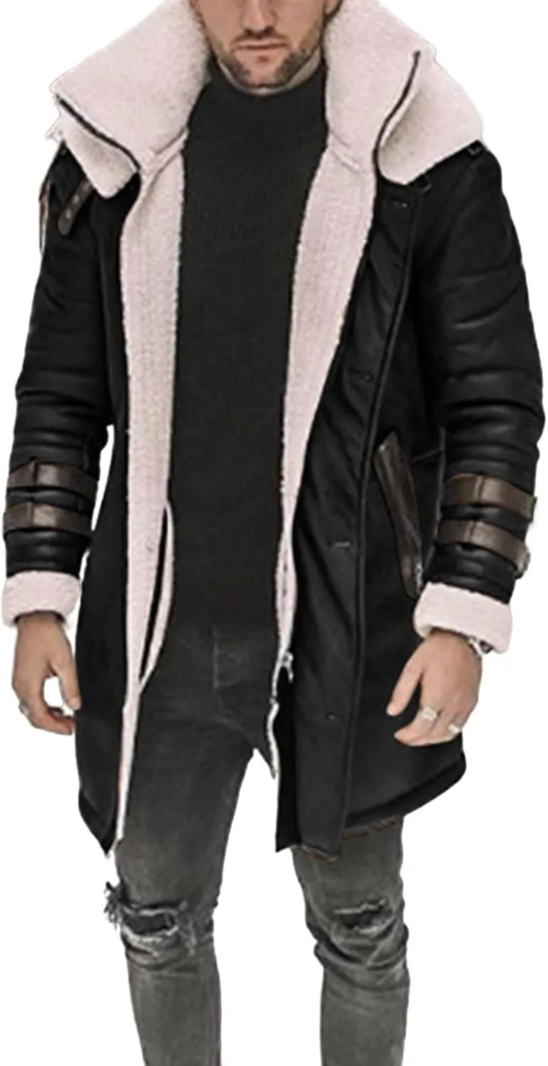 evzosrz Men's Faux Suede Long Coats Fleece Sherpa Lined Warm Trench Coat Jacket Heavyweight Faux Leather Thermal Coats, M-5XL