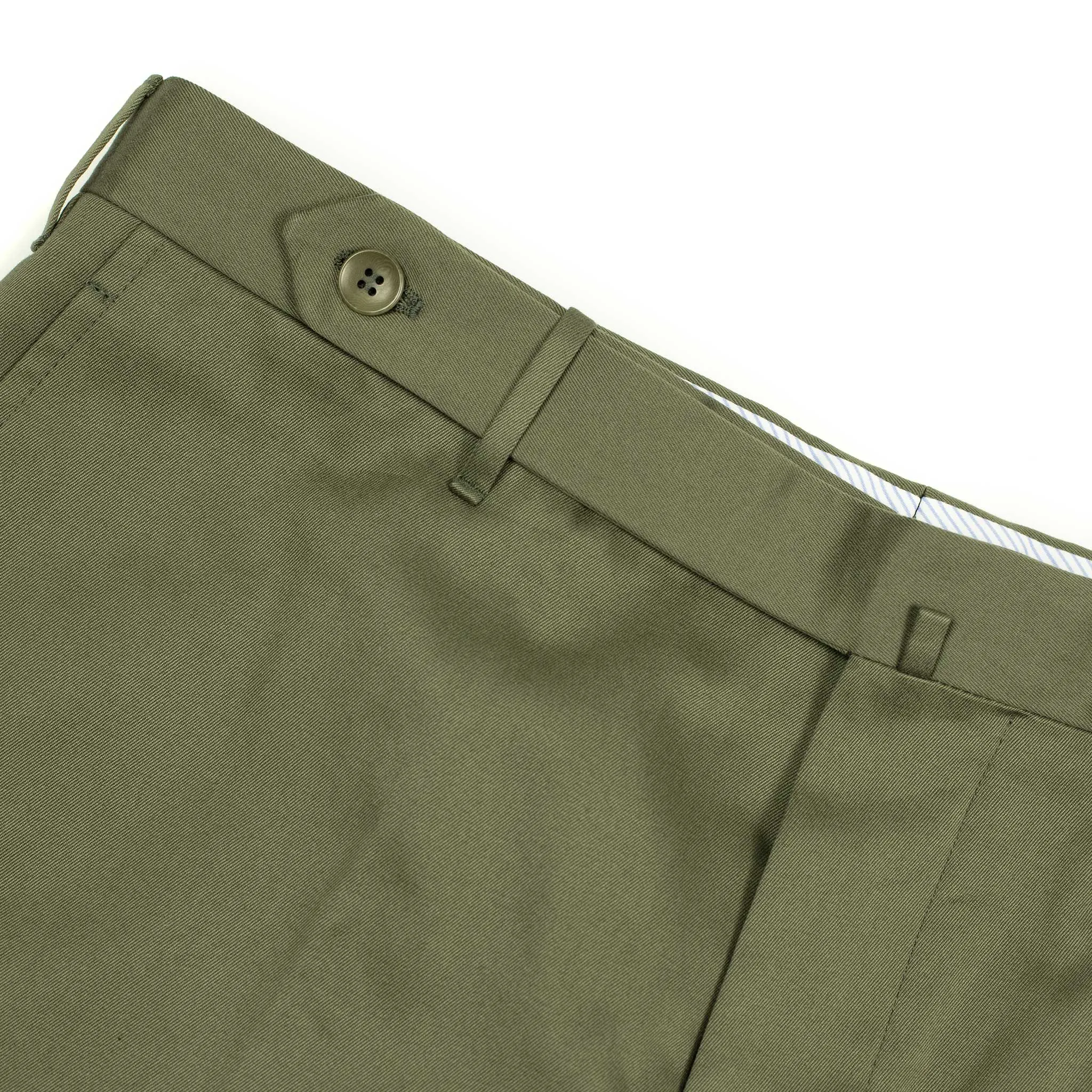 Flat-front trousers in olive green medium-weight cotton twill