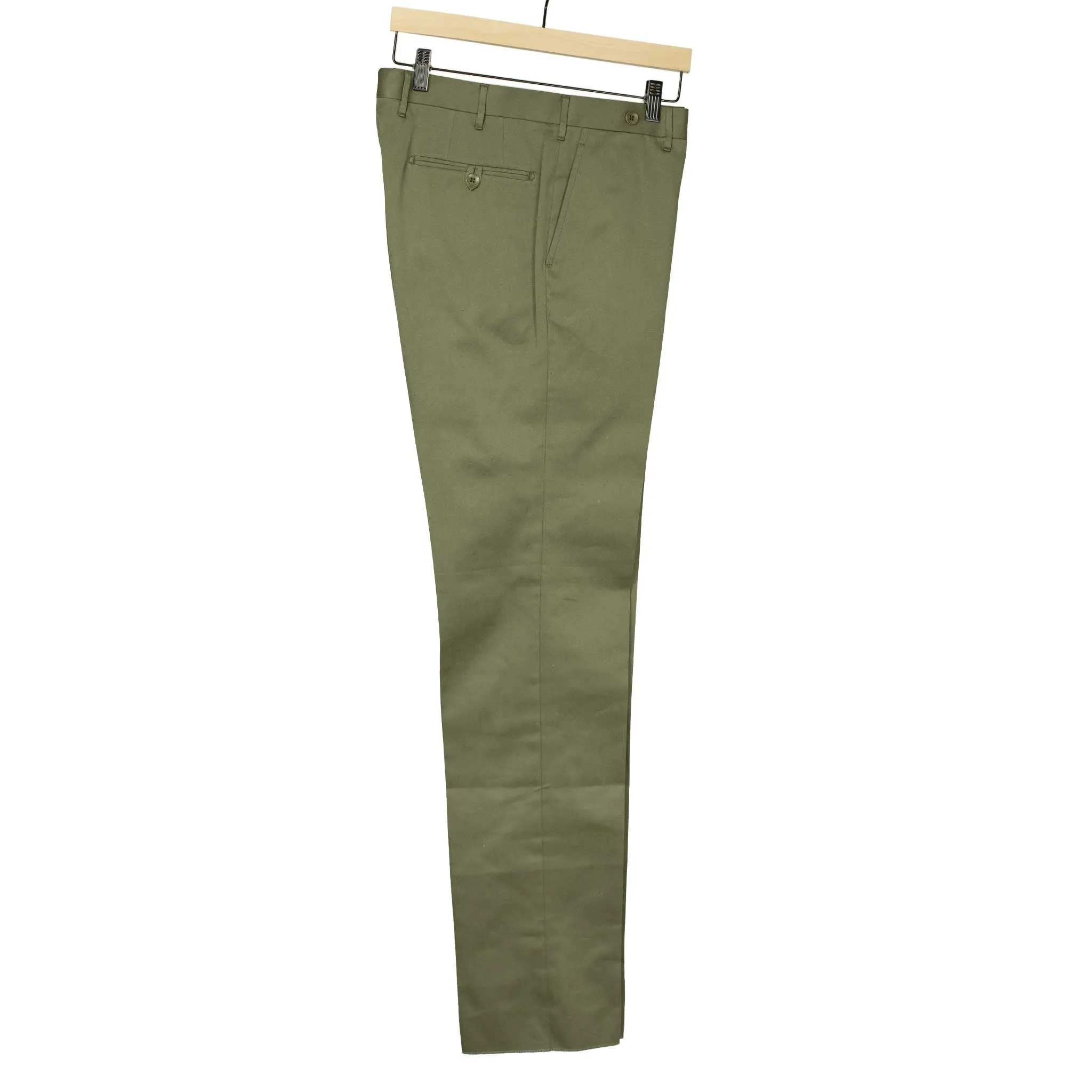 Flat-front trousers in olive green medium-weight cotton twill