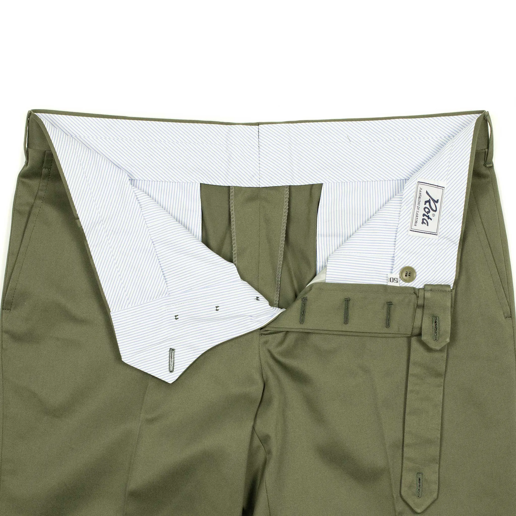 Flat-front trousers in olive green medium-weight cotton twill