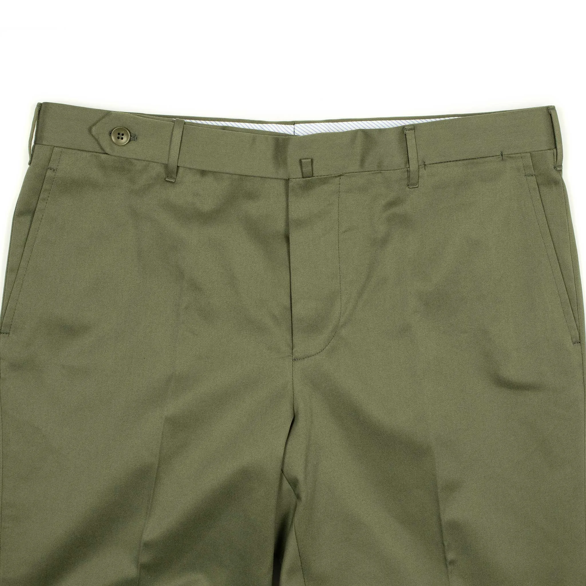 Flat-front trousers in olive green medium-weight cotton twill