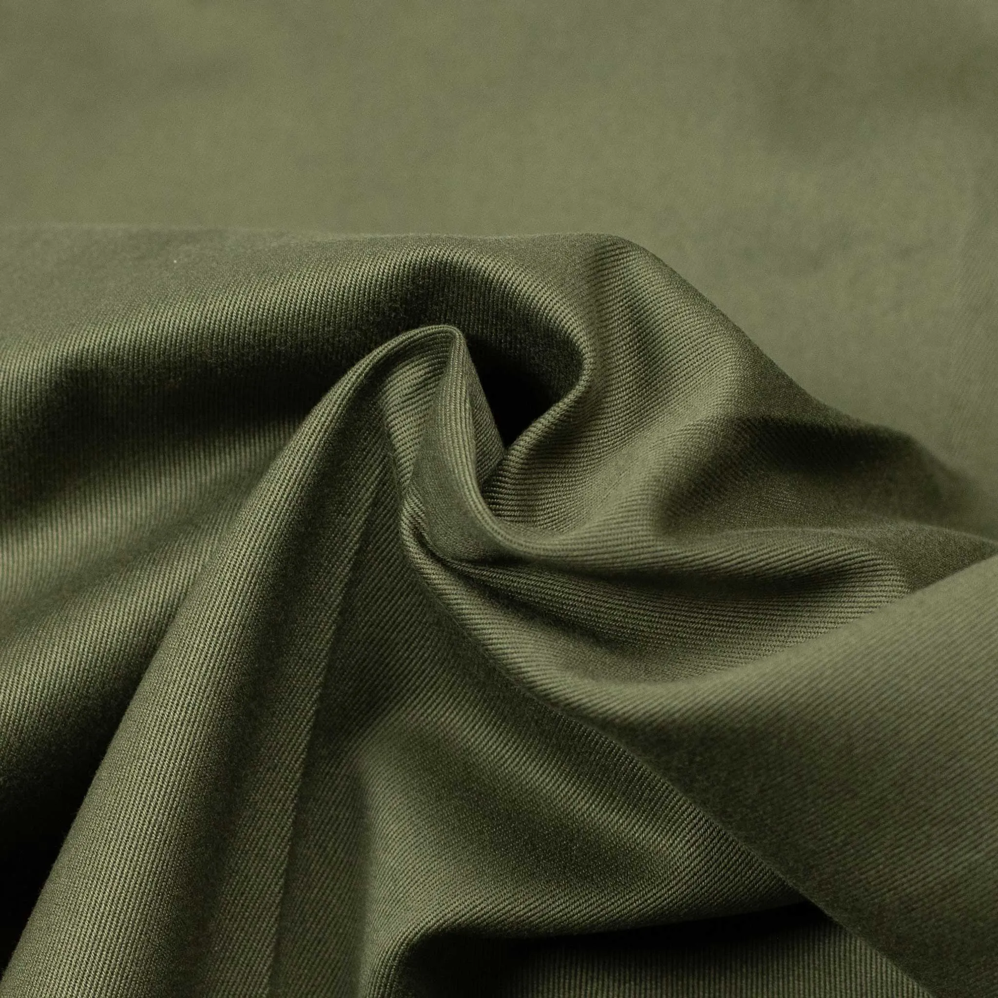 Flat-front trousers in olive green medium-weight cotton twill