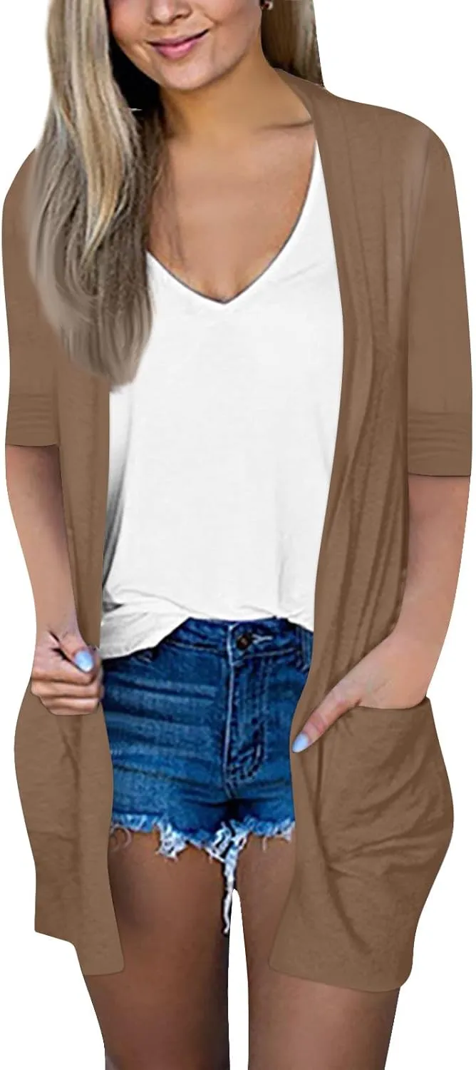 FlekmanArt Cardigan for Women Solid Color 3/4 Sleeve Open Front Cardigan Casual Trendy Flowy Lightweight Jacket with Pocket