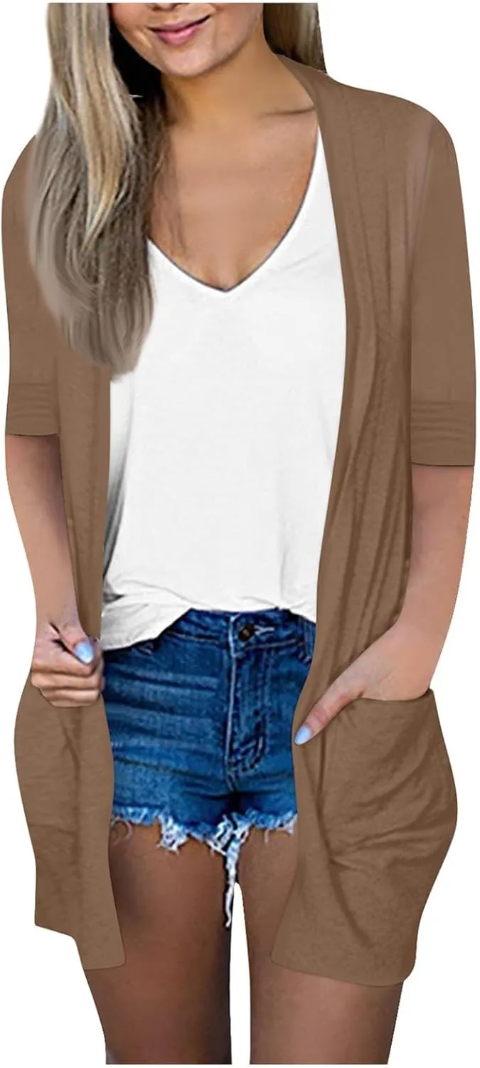 FlekmanArt Cardigan for Women Solid Color 3/4 Sleeve Open Front Cardigan Casual Trendy Flowy Lightweight Jacket with Pocket