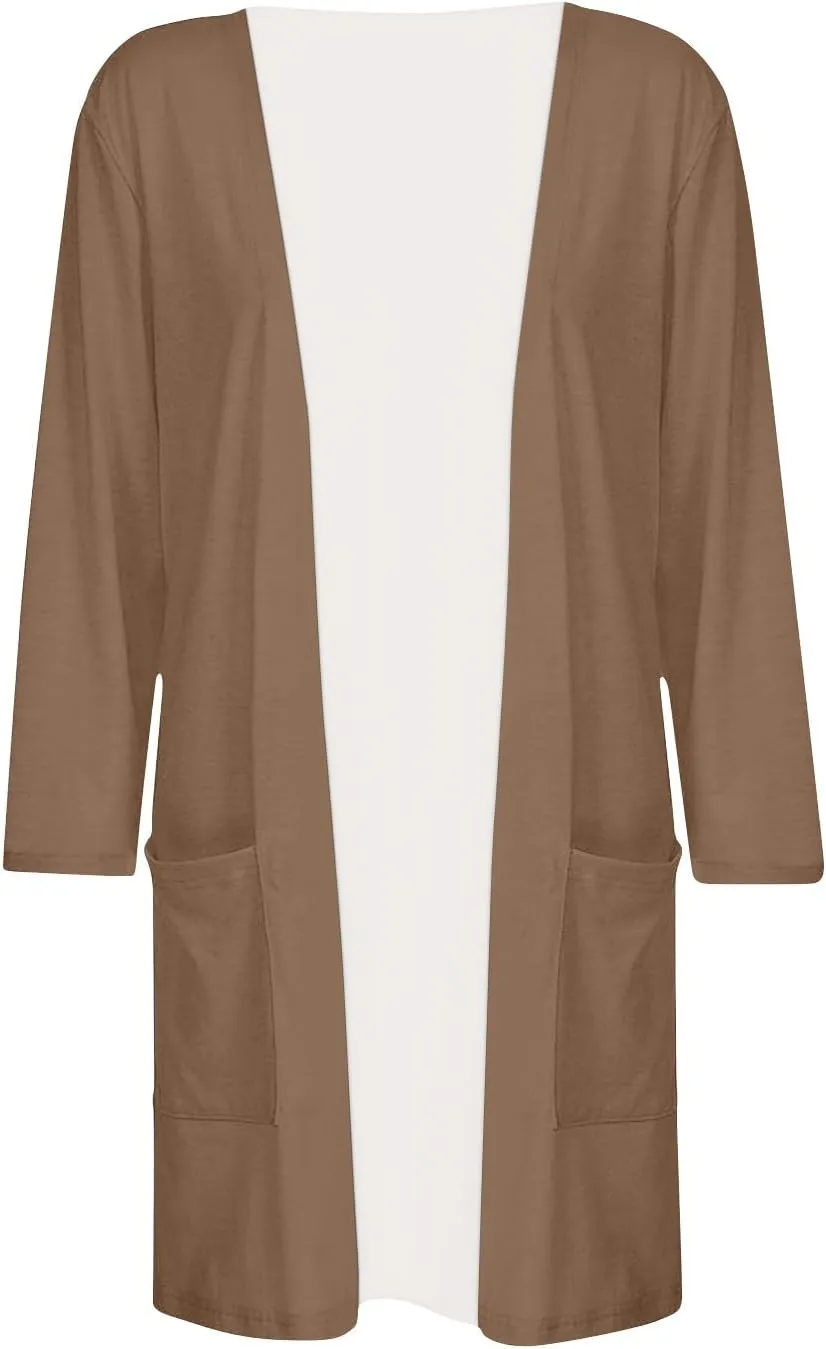 FlekmanArt Cardigan for Women Solid Color 3/4 Sleeve Open Front Cardigan Casual Trendy Flowy Lightweight Jacket with Pocket