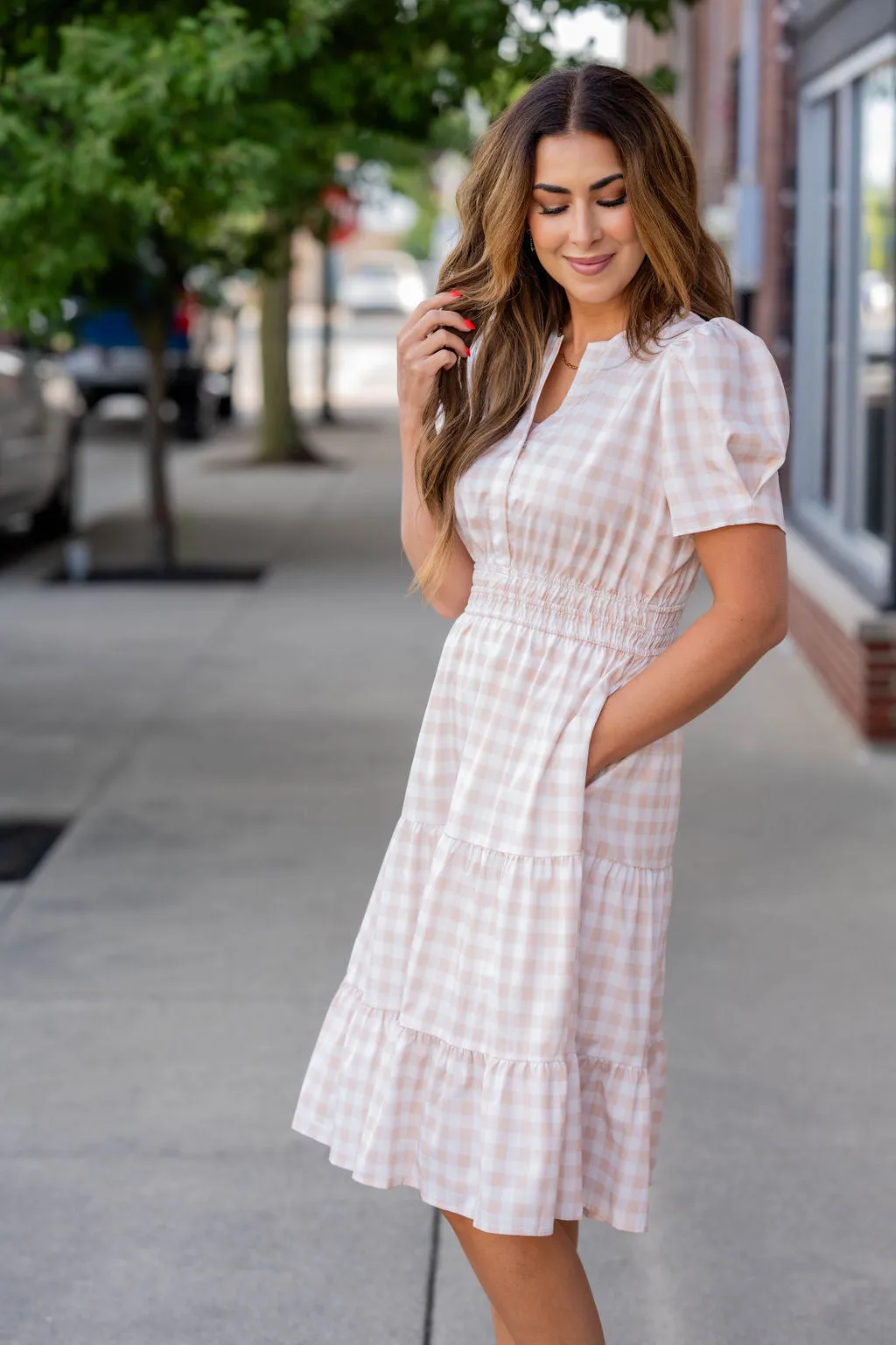 Gingham Short Sleeve Tiered Dress