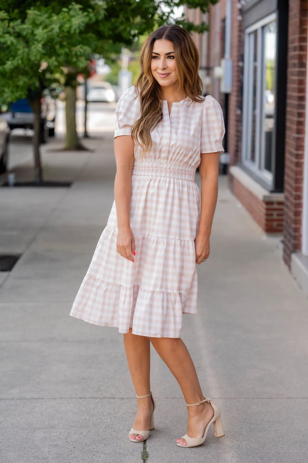 Gingham Short Sleeve Tiered Dress