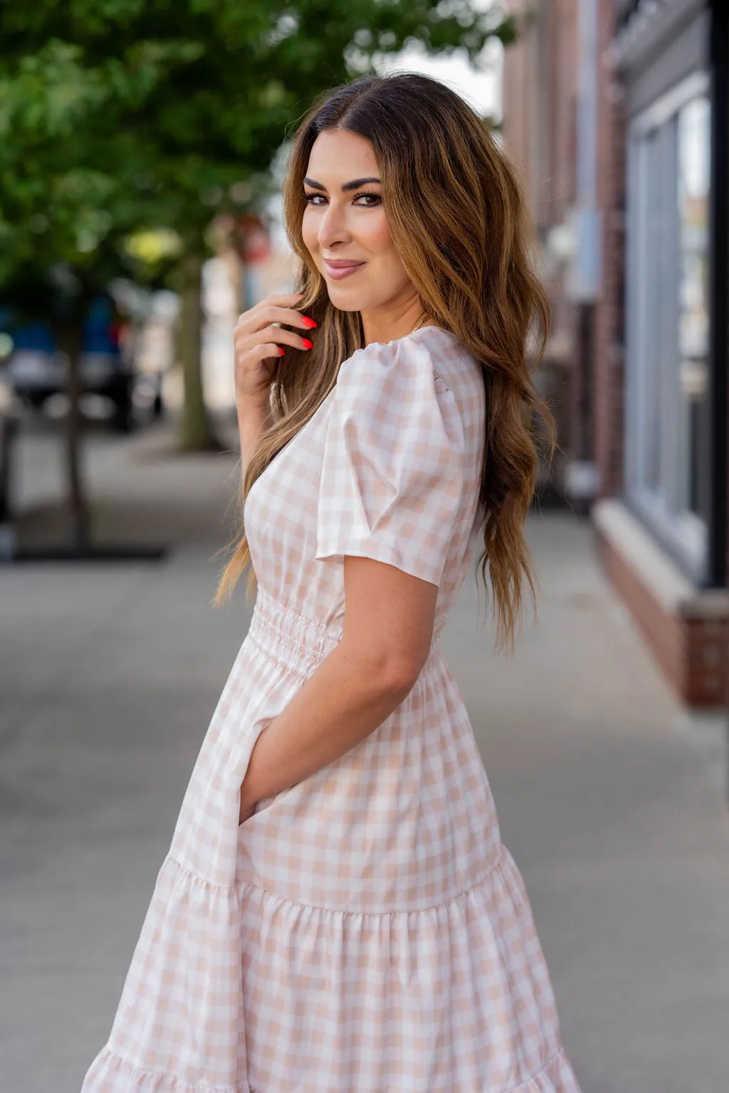 Gingham Short Sleeve Tiered Dress