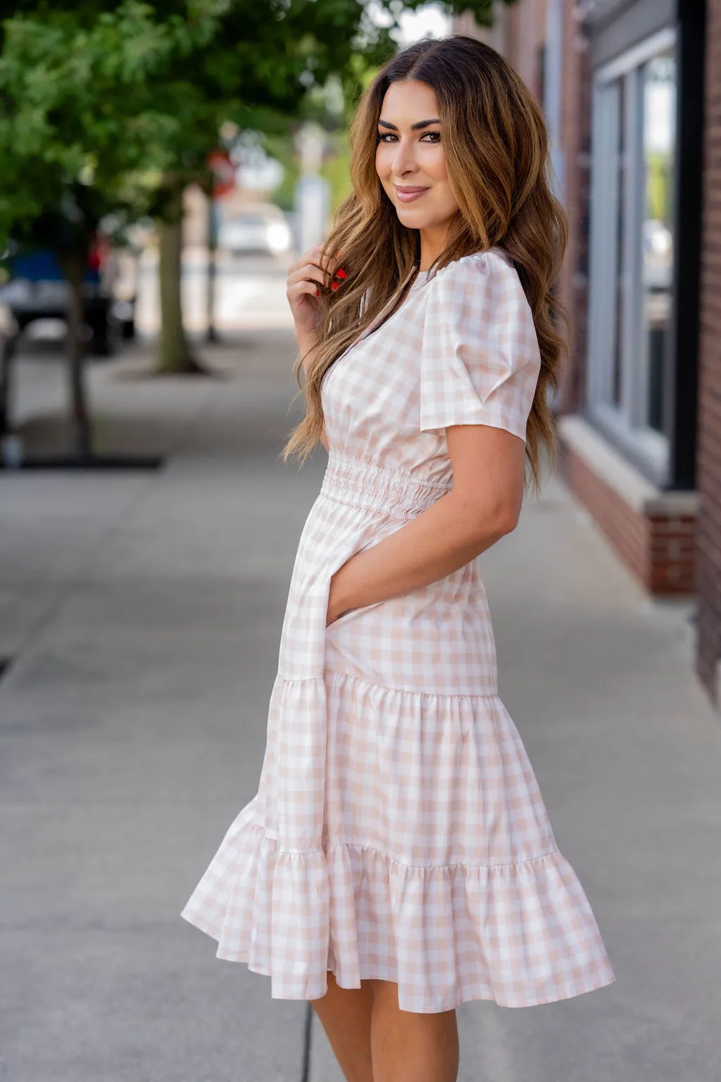 Gingham Short Sleeve Tiered Dress