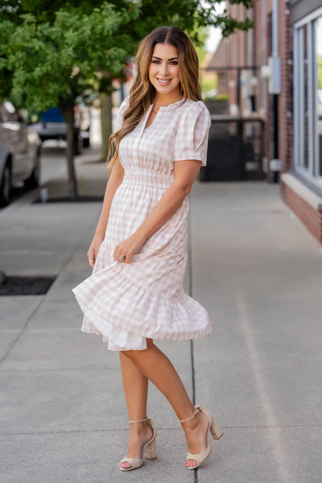 Gingham Short Sleeve Tiered Dress