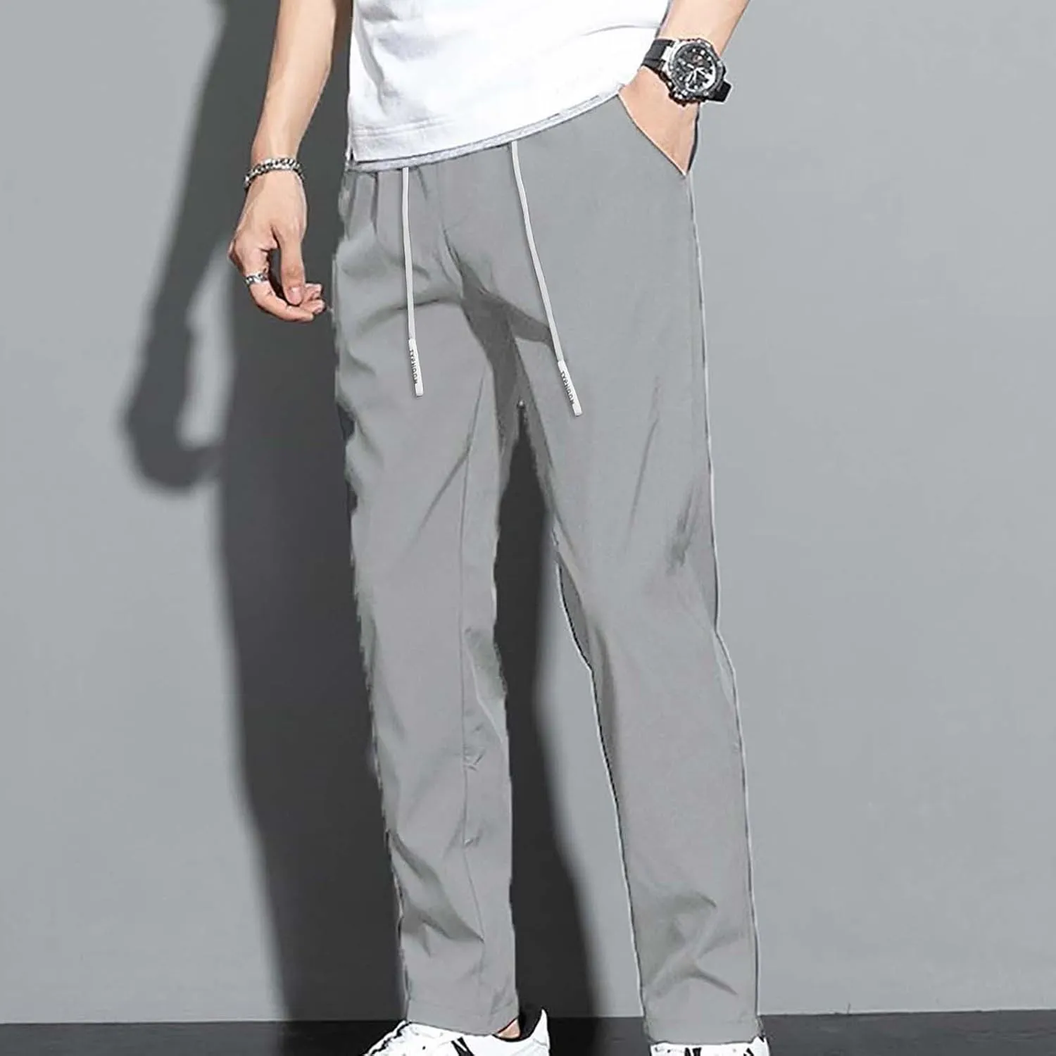 Ice Silk Pants Men's Summer Thin Men's Casual Pants Breathable Strap Loose High Elastic Quick Drying Mens Work Pants