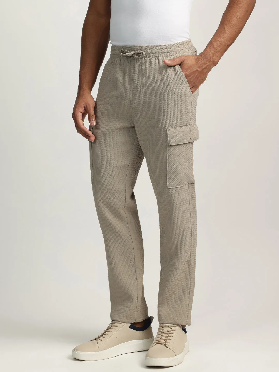 Iconic Men Beige Solid Oversized Cargo Trouser