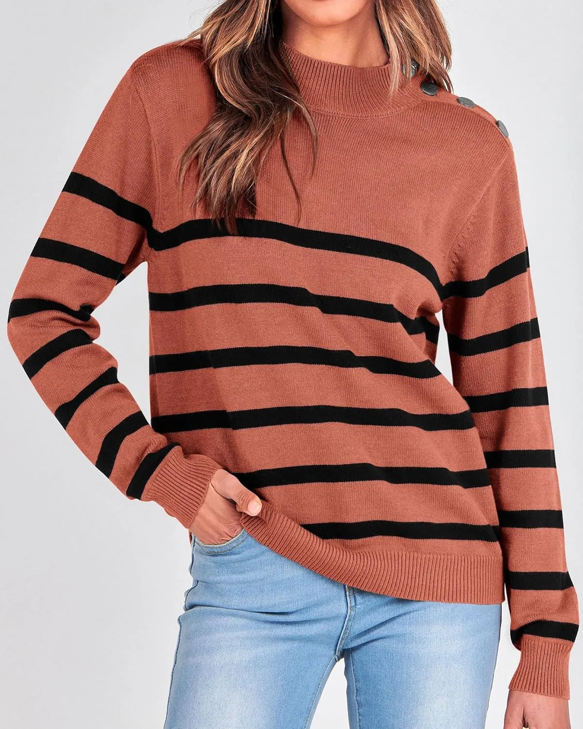 KIRUNDO Women's 2025 Fall Winter Long Sleeve Knit Sweater Turtleneck Striped Loose Pullover Tops Deco with Metal Buttons