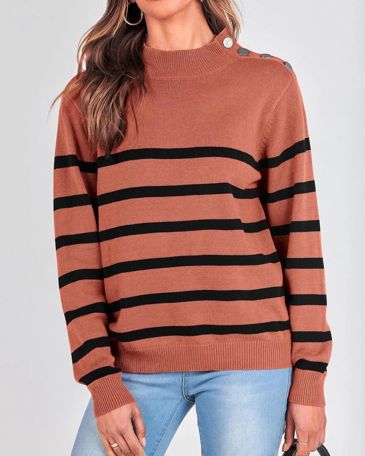 KIRUNDO Women's 2025 Fall Winter Long Sleeve Knit Sweater Turtleneck Striped Loose Pullover Tops Deco with Metal Buttons