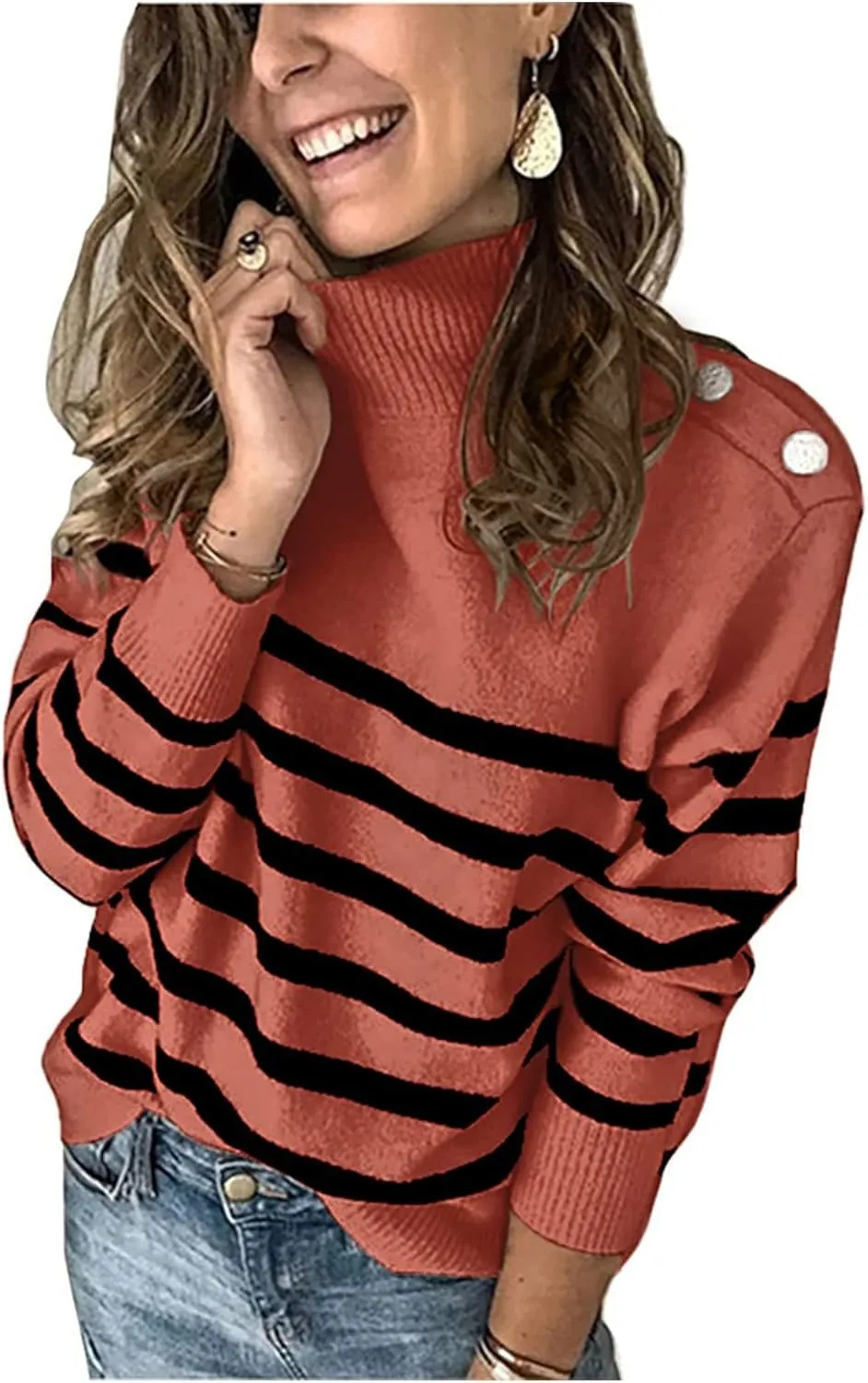KIRUNDO Women's 2025 Fall Winter Long Sleeve Knit Sweater Turtleneck Striped Loose Pullover Tops Deco with Metal Buttons